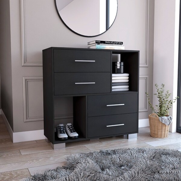 Krista Dresser, Two Open Shelves, Four Drawers, Black
